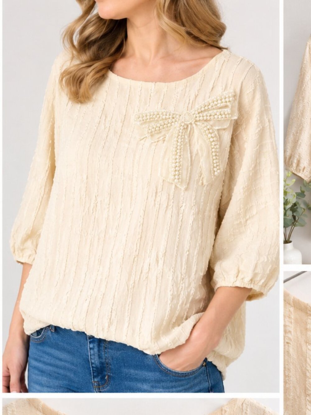 Joh Apparel XS Cream Textured Pearl Bow 3/4 Sleeve Blouse